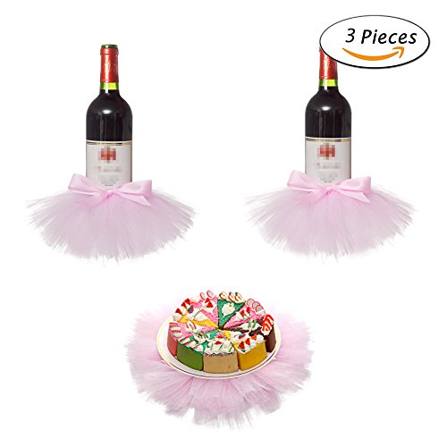 Haperlare 3pcs Elegant Red Wine Bottle Cover Tulle Wine Bottle Skirt with Glitter Gold Brims for Wedding Party Baby Shower Christmas Birthday Cake Dessert Table Decorations,Pink