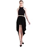 DESIGNER97 Women's Elegant High Low Sheer Chiffon Gold Belted Folds Casual Beach Holiday Party Dress