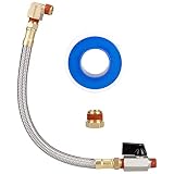 Hromee Extended Tank Drain Valve Assembly Kit with 10 Inch Flexible Braided Steel Tube 1/4 Inch NPT Shut-Off Ball Valve 90 Degree Brass Elbow Pipe Fitting and Thread Seal Tape for Air Compressor