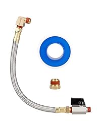Hromee Extended Tank Drain Valve Assembly Kit with 10 Inch Flexible Braided Steel Tube 1 4 Inch NPT Shut Off Ball Valve 90 Degree Brass Elbow Pipe Fitting and Thread Seal Tape for Air Compressor