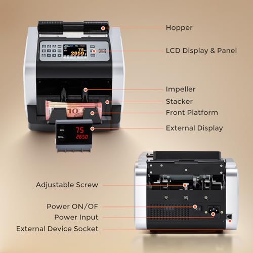 Bonvoisin Professional Banknote Counter, Value Counting for Mixed Euro Banknotes, Money Counter Machine with UV/MG/IR Detection, 1000 Pieces/Min, Banknote Counter with External Display
