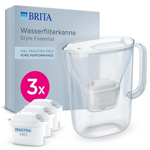 BRITA Wasserfilter Kanne Style Essential weiß (2,4l) inkl. 3x BRITA MAXTRA PRO Pure Performance – Kühlschrankgeeignete Kanne mit Smart Light LED & Kla