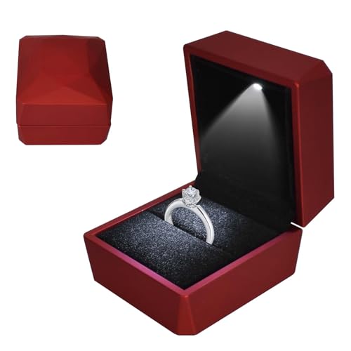 Colexy Ring Box with LED Light, Velvet Box, Jewellery Box for Rings, Rings LED Jewellery Storage Boxes, for Proposal Engagement, Weddings and Valentines, 5.8 x 6.3 x 5 cm, Red-A