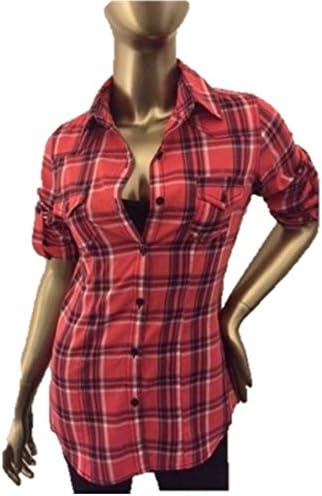 Fun &amp; Flirt Cotton Ebow roll up long sleeves plaid button Coral Navy (M)