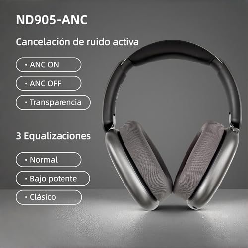 HeadCore ND905-ANC Auriculares Inalámbricos de Diadema Bluetooth 5.4 Cancelación de Ruido Activa 40H Autonomía Bajo Potente Cascos con Micrófono para Llamadas Almohadas Magnéticas Negro