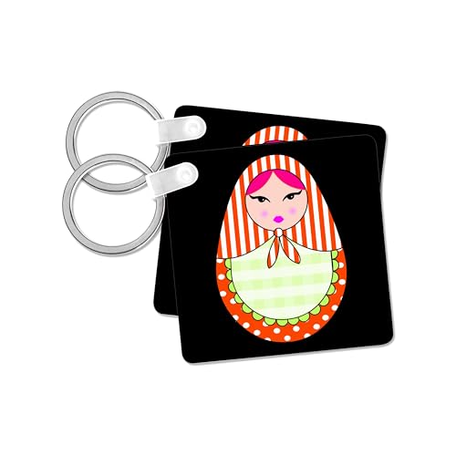 3dRose, Cute Russian Matryoshka Nesting Doll Pink Hair - Warm Colors Black, Key Chain