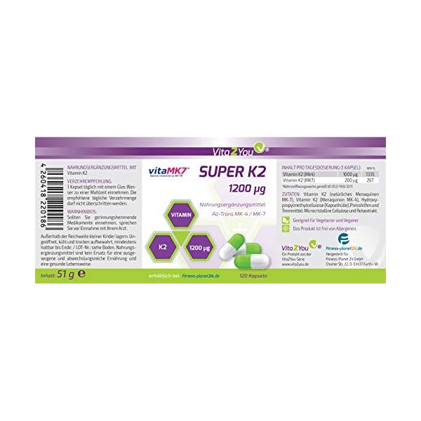 Vita2You Super K2-1200Âµg Vitamin K2 - Original vitaMK7Â® - (NatÃ¼rliches MK-7) mit MK-4 >99% All Trans - 120 Kapseln - Hochdosiert - Premium QualitÃ¤t – Bild 3