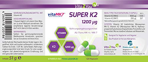 Vita2You Super K2-1200µg Vitamin K2 - Original vitaMK7® - (Natürliches MK-7) mit MK-4 >99% All Trans - 120 Kapseln - Hochdosiert - Premium Qualität – Bild 3