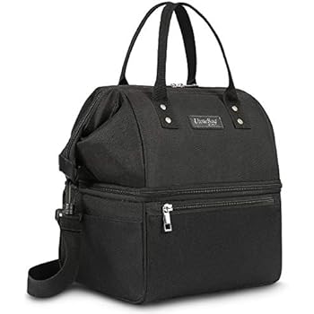 UTOTEBAG Insulated Lunch Bag Double Decker Lunch Bag for Men Lunch Box Cooler Tote Bag with Removable Shoulder Strap Thermal Lunch Organizer Lunch Bags for Women Outdoor Work Beach Fishing,Black