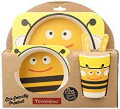 5 PC SET - Super Cute Animal Theme Kids Dinnerware Set - Eco-Friendly Bamboo - BPA Free (Multiple Designs) (Bee)