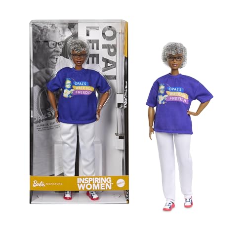 Barbie Inspiring Women Opal Lee Doll, Collectible with Blue "Opal's Walk For Freedom" T-Shirt, White Pants and Glasses, Doll Stand and Display Packaging, JJX60