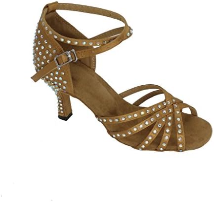 BCLN Womens Open Toe Sandals Latin Salsa Tango Heels Practice Ballroom Dance Shoes With 2.7" Heel,Tan Satin,10.5 B(M) US