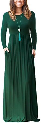 ASCHOEN Women's Casual Long Sleeve Plain Maxi Dress With Pockets, Green XL