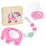 Teething Pain Relief BPA Free Silicone Toy and Pacifier Clip Holder for Stylish Little Girls, Pink Elephant Teether Toys, Best for Freezer, 6 12 Months 1 Year Old - Baby Shower Gifts