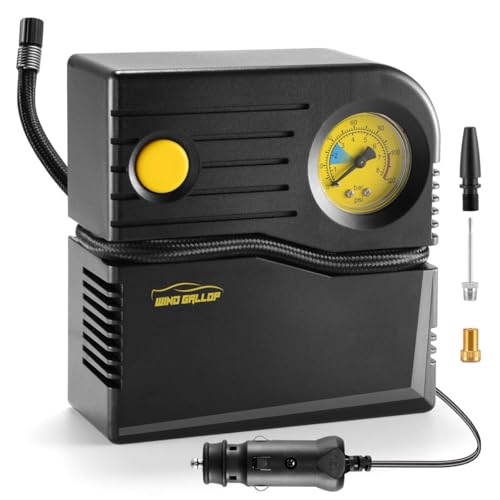 Mini 12v Kompressor Auto Luftpumpe Autoreifen Pumpe Reifen Pumpe für Auto Elektrische Luftkompressor Analogue Reifenfüller mit Reifendruckmesser und Ventiladaptern (Gelb)