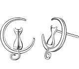 Women Girl Cute Cat and Moon 925 Sterling Silver Stud Earrings Best Gift for Lady