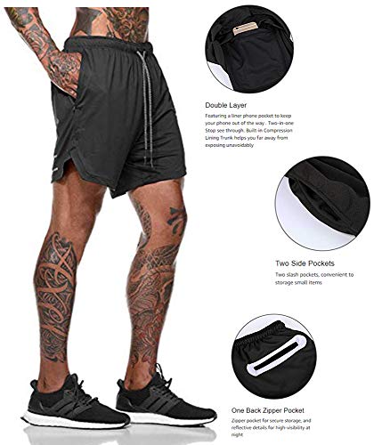 Malavita Men's Workout Running Shorts 2 in 1 with Zipper Pockets Black Medium (27.5" - 31.5")