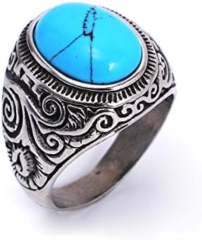 Mens Classic Retro Pattern Oval Genuine Turquoise Inlay Ring Size 7 to 13 (11)