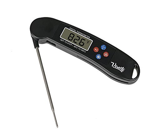 Instant Read Cooking Thermometer with Blue Backlit LCD Display. Great for BBQ & Grilling Food. (Black)
