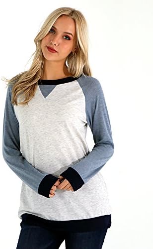 Preppy Doll Made In USA Women's Colorblock Round Neck Loose Fit Pullover Sweater Sweatshirt (Large, Baby Blue Multi)