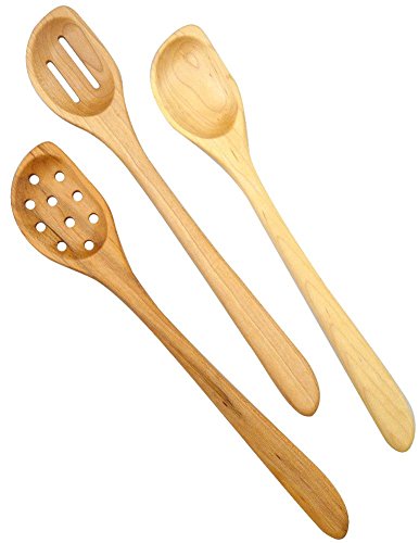 American Made Natural Hard Maple Wood Angled Cooking and Mixing Spoons, Set of 3