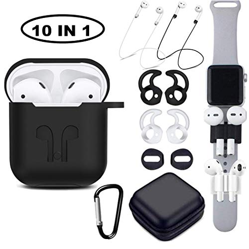 Airpods Case, Airpods Accessories Kit,10 in 1 Protective Silicone Cover and Skin Compatible Apple Airpods with Anti-Lost Airpods Strap,Airpods Ear Hook/Watch Band Holder/Keychain/Headset Box/ (Black)