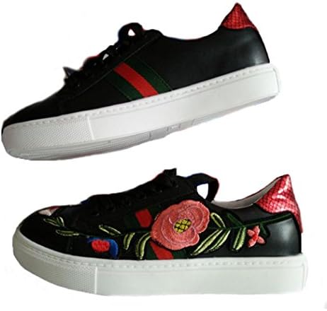 Fashion Sneakers for Women, Casual Lace up Non-slip Flat Walking Shoes With Delicate Embroidery Flower (Size 38 - US B(M) 7, Black)