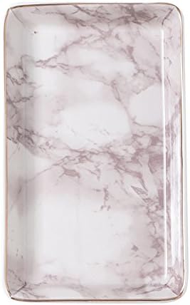 Chic Marble Print Vanity Ceramic Cosmetic Jewelry Crafts Trinket Storage Handmade Rectangle Dish Ring Holder Tray Organizer with White Large Golden Edged Office Home Decor Wedding Gift for Girlfriend