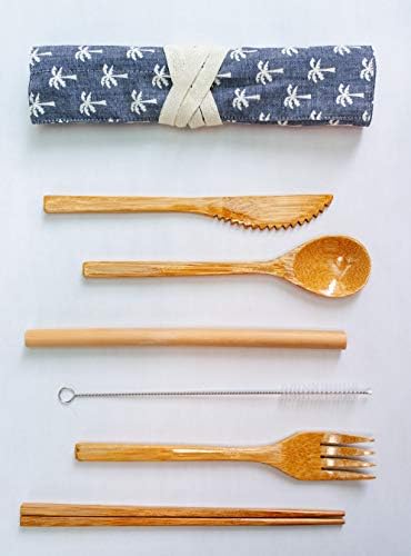 Bamboo Utensils - Cutlery Set | Reusable Flatware Organizer | Plastic Free Wrapped Kit | For Gifts, Travel, Outdoor Camping, Office lunch box case | Zero Waste Wrap Holder (Coconut Tree)