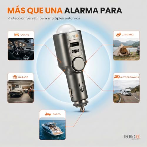 Alarma de coche con sensor de movimiento PIR – Alarma plug-in 12–24V con sirena 110dB, batería de 6 días, puertos USB-A & USB-C, pantalla LED y control remoto - 2026 Update Model - TX-100