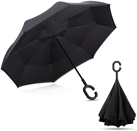 HENATA Double Layer Inverted Umbrella C-Shaped Handle Reverse Umbrella Windproof UV Protection Reverse Folding Straight Rain Umbrella (Black)