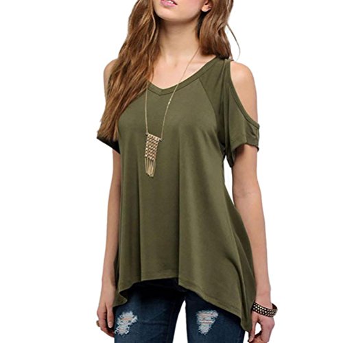 YANG-YI Sexy Women Casual V-Neck Off Shoulder T-Shirt Short Sleeve Solid Fashion Stretch T-Shirt (S, Green) - Thumbnail 2