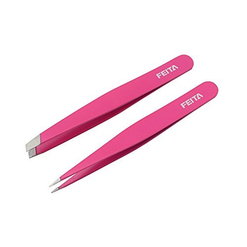Precision Tweezers for Eyebrows - FEITA Professional Stainless Steel Slant & Pointed Eyebrow Tweezer Set with Travel Case for Woman Facial Hair Removal Clip (Pink - 2 Pcs) - Thumbnail 3