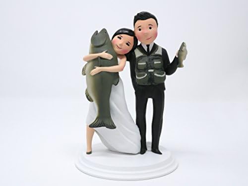 Wedding Cake Toppers - Unique and Funny Fishing Wedding Cake Toppers Bride and Groom (Light Skin - Black Hair)