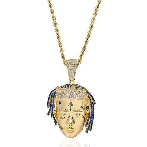 Moca Jewelry Hip Hop Rapper Exquisite Xxxtentacion Commemorative Pendant Chain Necklace 18K Gold Micro-Pave Simulated Diamond Cubic Zirconia Necklace for Men Women