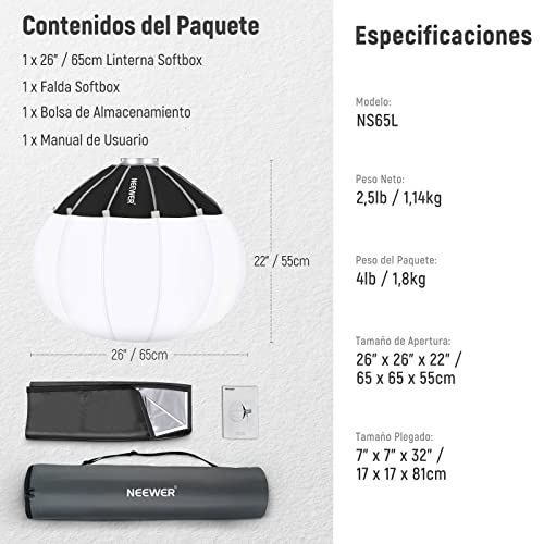NEEWER 26"/65cm Softbox Linterna con Liberación Rápida Un Paso,Difusor Luz 360° con Faldón,Montura Bowens para CB60 CB100 CB150 Luces Video, Compatible con Aputure 600d Amaran 60x Godox SL60W,NS90L