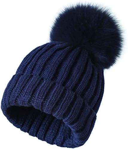 Roniky Winter Knit Hat Real Fox/Raccoon Fur Pom Pom Womens Girls Knit Beanie Hat