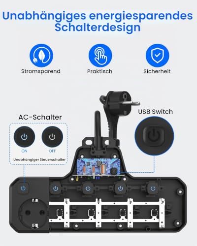 5-Fach Steckdosenleiste Flachstecker, Mehrfachsteckdose mit USB C PD20W