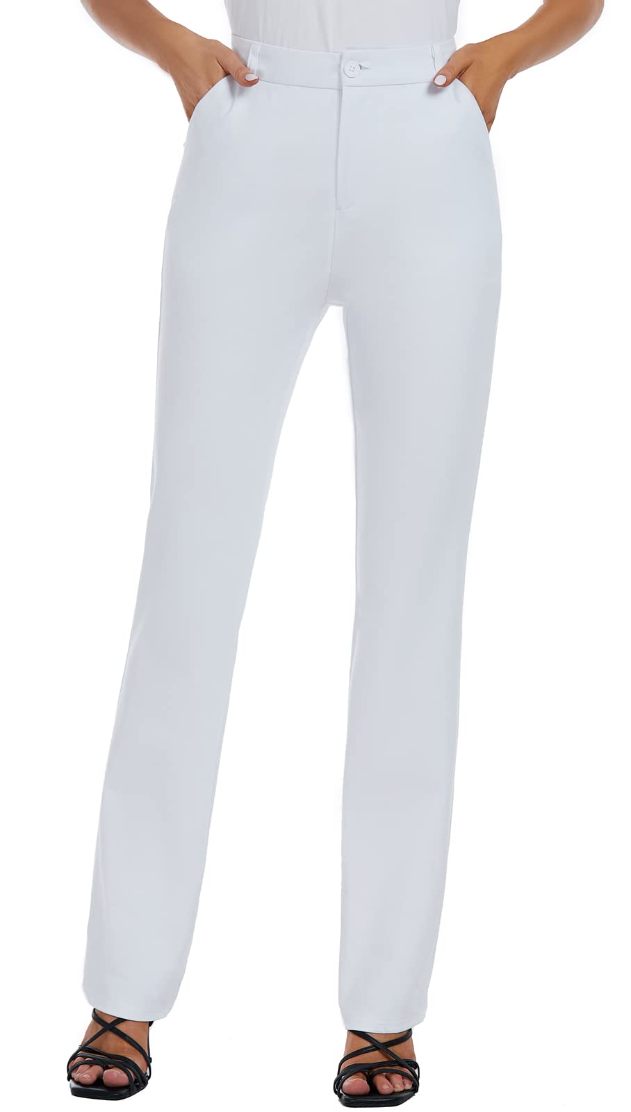 Photo 1 of iChosy Women's Stretchy Straight Leg Dress Work Pants Business Office Casual Slacks with Pockets White 4 Short