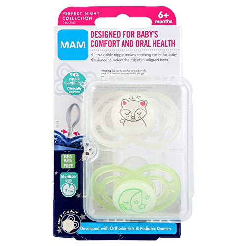 MAM Perfect Night Baby Pacifier, Patented Nipple, Glows in the Dark, 2