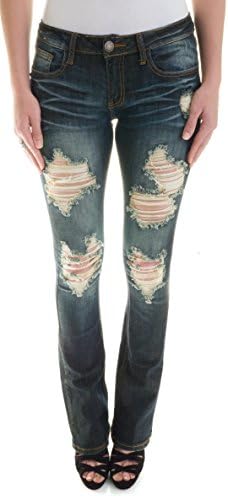 Machine Jeans Women's Destroyed Distressed Ripped Dark Wash Boot Cut Jeans, 7