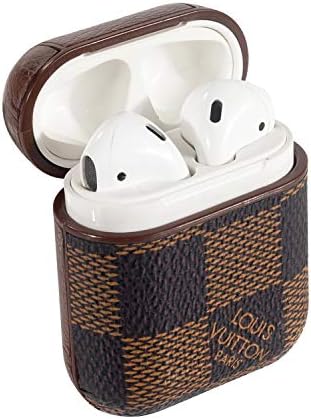 AirPods PU Leather Designer Case, Protective Shockproof Case Cover with Carabiner Keychain Compatible with Apple AirPods Charging Case for Men and Women (Checker Brown)