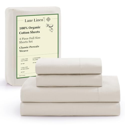 LANE LINEN 100% Organic Cotton Full Sheets Set 4-Piece Pure Percale Long Staple Soft Bedding Breathable Fits Mattress Upto 15