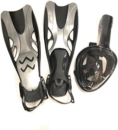PLAYSAFE 180 GoPro Compatible Snorkel Mask/Full Snorkeling Set With Adjustable Fins (Black/Black Fins, Large/X-Large)