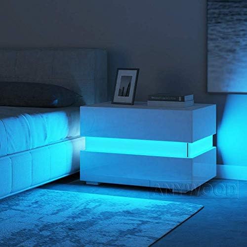 Wonderlife Led Light Bedside Table Cabinet White High Gloss 2-Drawers Nightstand Storage Unit with 12 Colors LCD Lights and Acrylic Decoration Bedroom Furniture 1 PCS