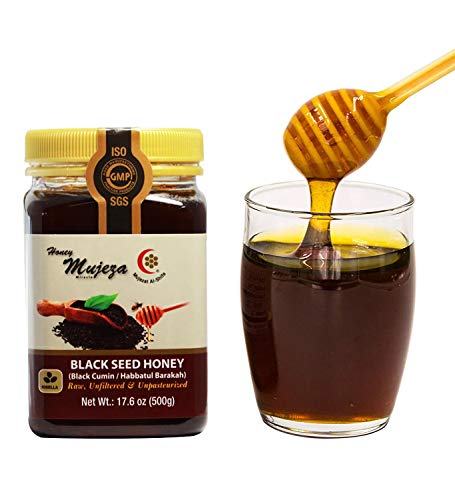 Mujeza Raw Black Seed Honey- (Black cumin- nigella seeds) Not mixed with black seed oil or black seed powder- Gluten Free Non Gmo Unfiltered Unprocessed 100% Natural Honey 17.6oz / 500gعسل حبة البركة