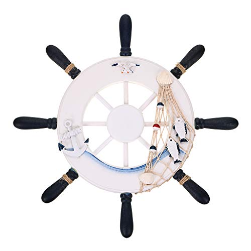 Skelang 13" Wooden Ship Wheel and Wood Anchor with Fish Rope Net Seashells Ornaments, Boat Steering Rudder Decor for Nautical Theme Wall Decor, Beach Theme Home Decoration, Pack of 2