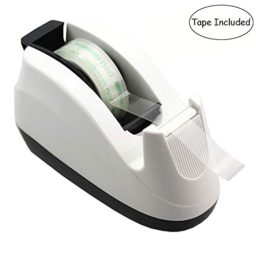 Bolbove Weighted Base, Nonskid Pad Desktop Tape Dispenser for One-Hand Dispensing 1-Inch Core with 1 Roll of Tape (White)