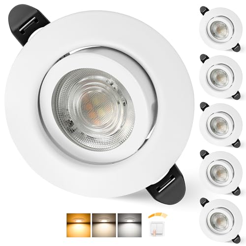 Aulaiyi 3CCT LED Downlight Recessed Ceiling 230V Dimmable 68mm 5.5W IP44 Portholes Extra Flat LED Spotlights Interior Ceiling 45° Rotatable Recessed Spotlight for Bathrooms, White 6 Pack
