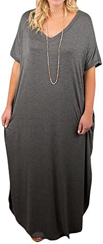 Rotita Womens Plus Size Short Sleeve V Neck Dress Casual Pregnant Loose Maxi Dresses (2X, Dark Grey)